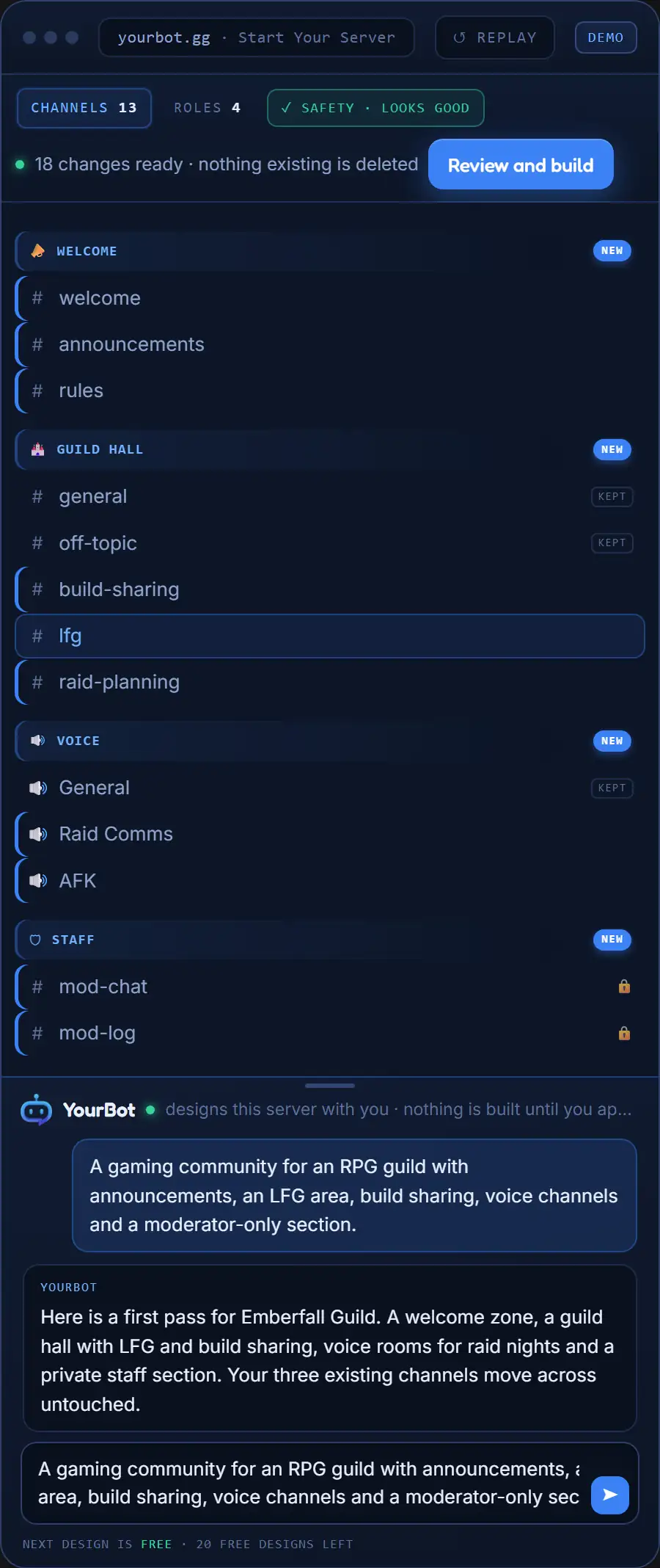 The YourBot AI server builder: a description is typed in, the AI proposes a welcome zone, a guild hall, voice rooms and a private staff section, with the existing channels kept