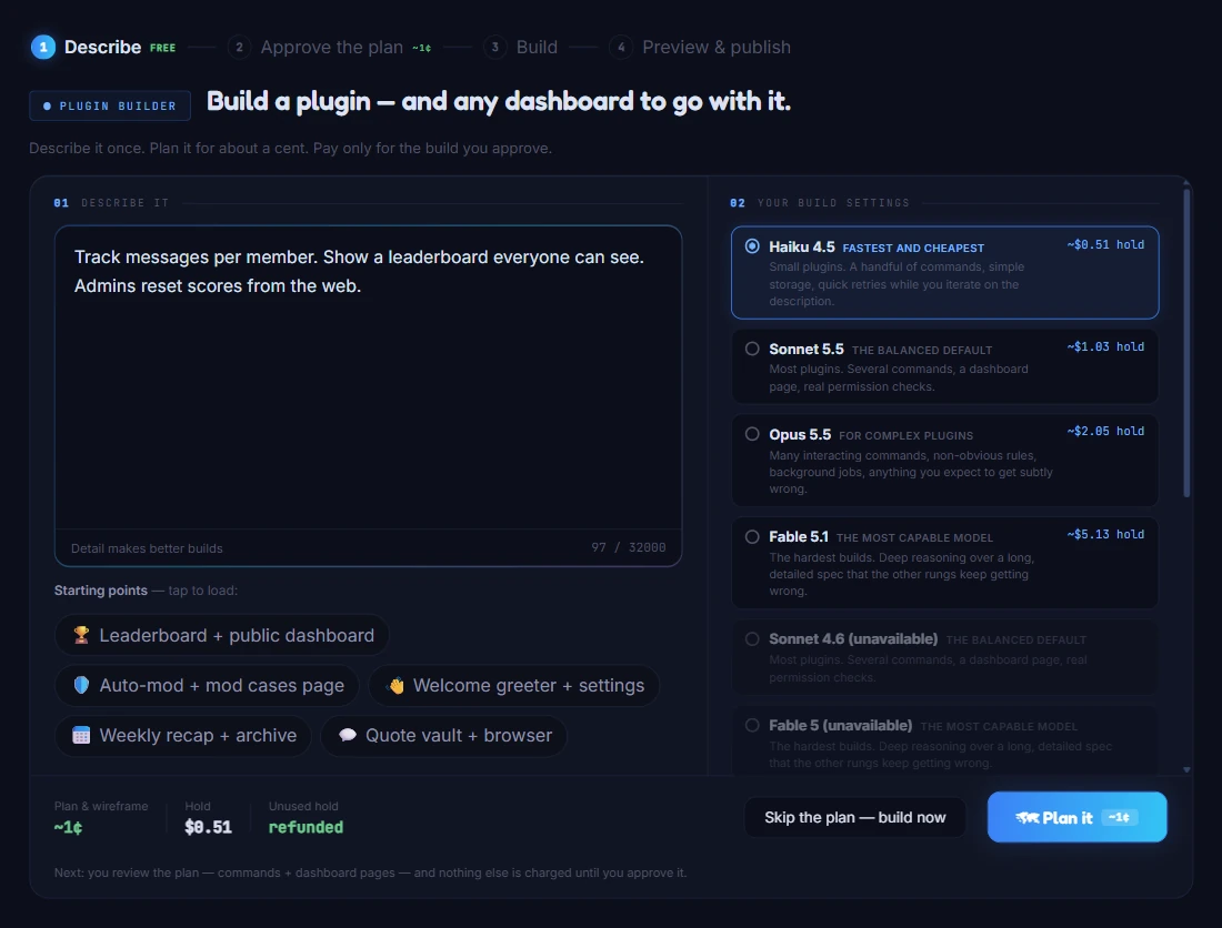 The current Plugin Builder interface: an example leaderboard description, starter ideas, model choices and the Plan it action, in the product's dark theme.