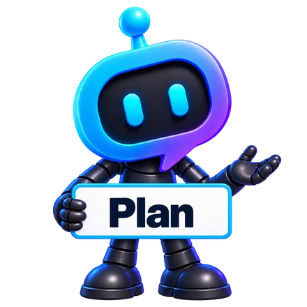 YourBot presenting a Plan sign with an open hand.