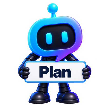 YourBot thoughtfully presenting a Plan sign.