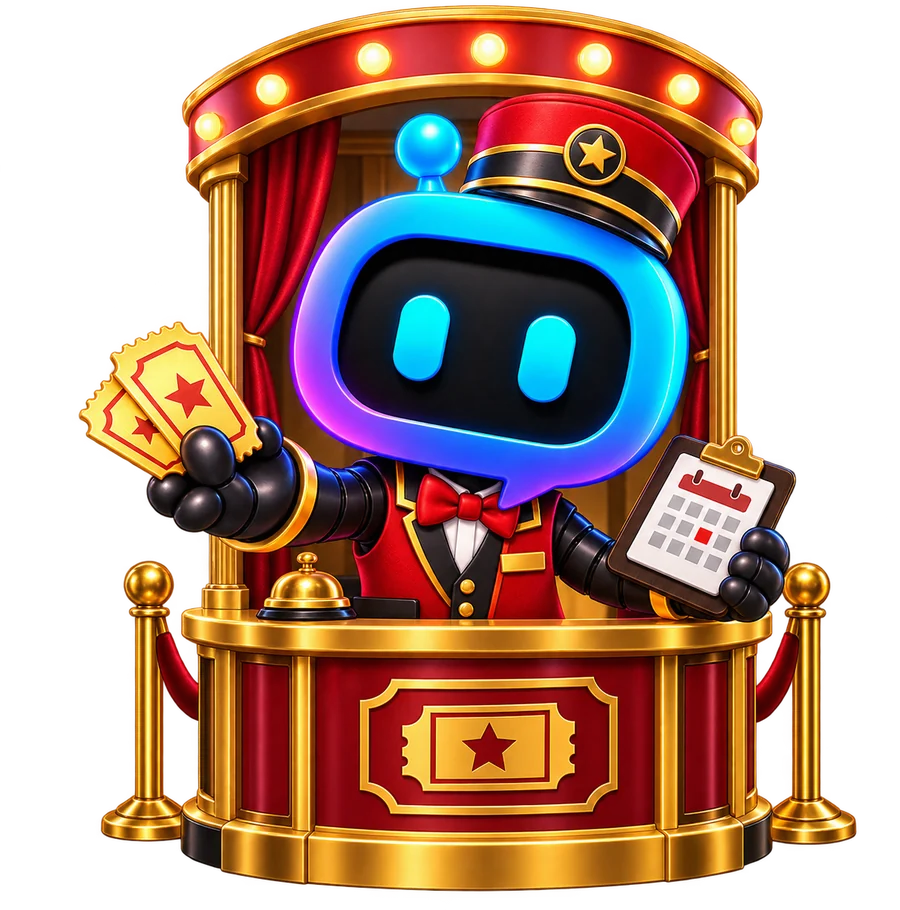 YourBot events mascot at a ticket booth holding tickets and a calendar